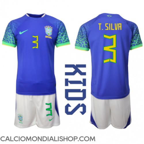 Maglie da calcio Brasile Thiago Silva #3 Seconda Maglia Bambino Mondiali 2022 Manica Corta (+ Pantaloni corti)